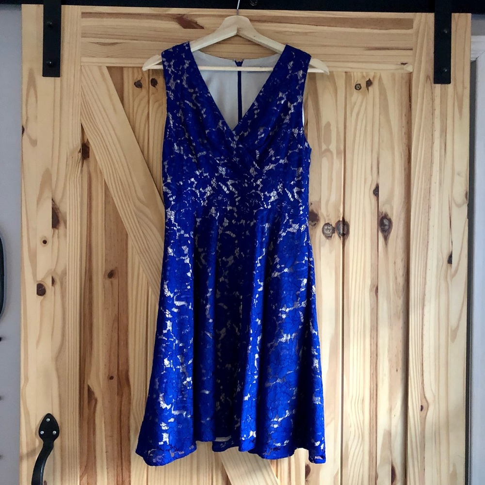 Royal Blue Lace dress with beige underlay. Size 6.